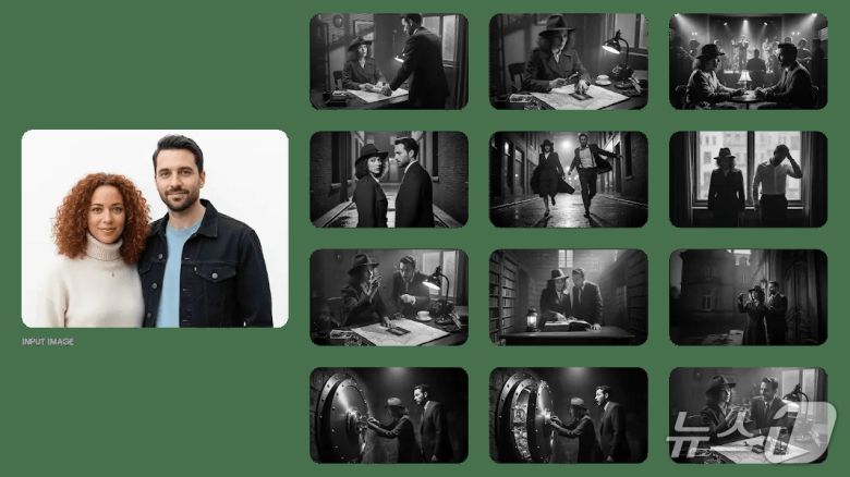 프롬프트-이 두 캐릭터가 등장하는 고전 흑백 필름 누아르 탐정 이야기로, 중독성 있게 흥미로운 12부작 이야기와 12개의 이미지를 만들어 주세요. 잃어버린 보물을 찾는 내용으로, 단서를 하나씩 발견하고 마지막에 보물을 찾게 됩니다. 이야기는 감정적 고저를 포함해 긴장감 넘치며, 마지막에는 큰 반전과 감동적인 결말로 끝나야 합니다. 이미지에는 글자나 텍스트를 포함하지 않고, 순수하게 시각적 요소만으로 이야기를 전달해 주세요.(구글 제공)