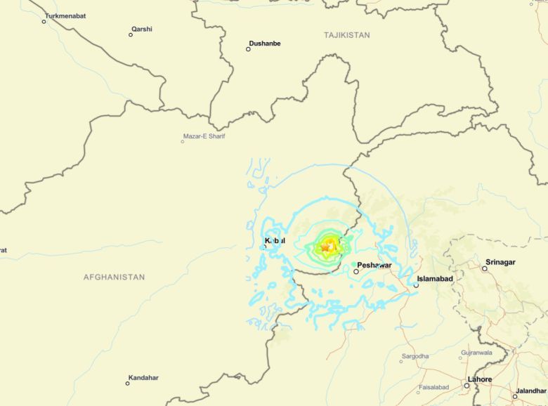 지진이 발생한 아프가니스탄 남동부 지도/ 출처:미국 지질조사국