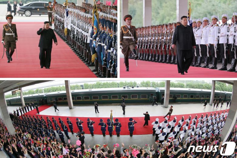 (평양 노동신문=뉴스1) = 북한 김정은 노동당 총비서가 러시아 방문을 위해 전용열차로 평양을 출발하는 모습 2023.09.12 [국내에서만 사용가능. 재배포 금지. DB 금지. For Use Only in the Republic of Korea. Redistribution Prohibited] rodongphoto@news1.kr