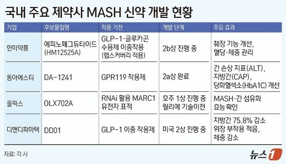 국내 주요 제약사 MASH 신약 개발 현황.(각 사 제공)/뉴스1 김지영 디자이너