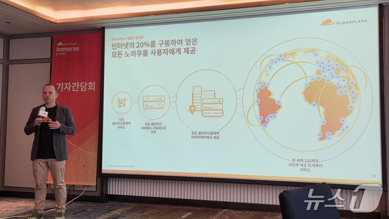 트레이 긴(Trey Guinn) 클라우드 플레어 필드 CTO가 기자간담회에서 발언하고 있다. 2025.9.9 뉴스1 ⓒ News1 김민석 기자