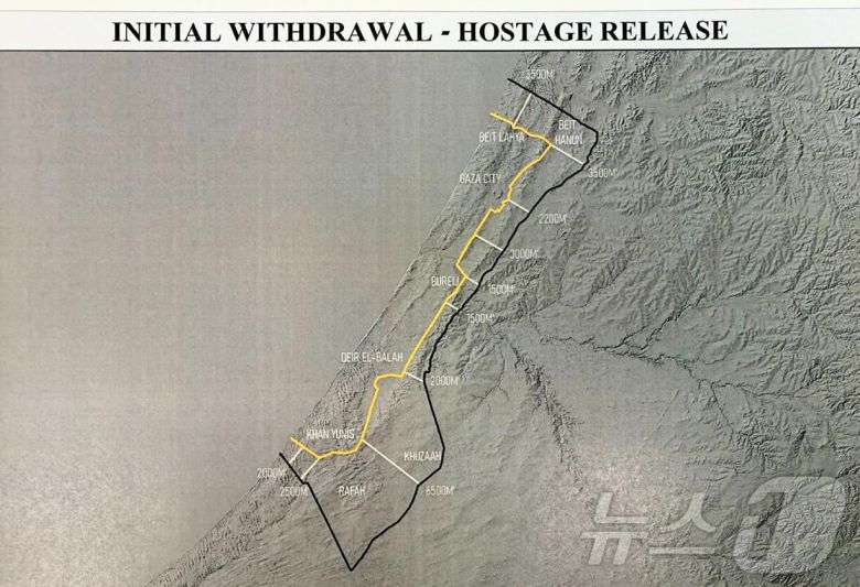 도널드 트럼프 미국 대통령이 4일(현지시간) 소셜미디어 트루스소셜에 게시한 이스라엘군의 가자지구 1단계 철수선.(트럼프 대통령 트루스소셜, 재판매 및 DB금지) 2025.10.04. ⓒ News1 류정민 특파원