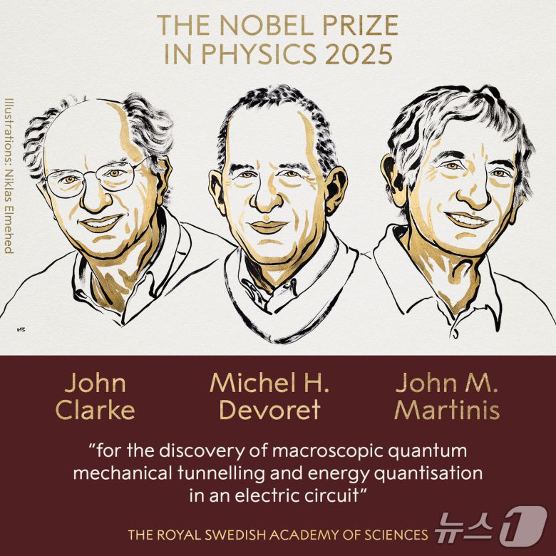 2025년 노벨 물리학상 수상자. 왼쪽부터 존 클라크,  미셸 데보럿, 존 마티니스. (노벨위원회 제공)