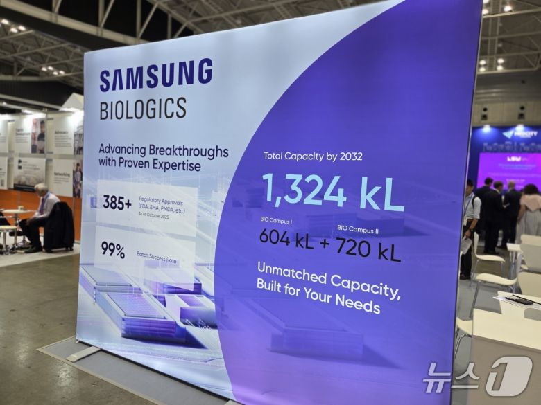 삼성바이오로직스가 일본 요코하마에서 열린 '바이오재팬 2025' 전시장에 설치한 단독 부스 벽면을 활용해 주요 성과를 보여주고 있다. 2025. 10. 9/뉴스1 황진중 기자