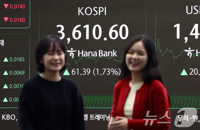 코스피가 사상 처음으로 3610선으로 상승 마감한 10일 오후 서울 중구 하나은행 딜링룸에서 딜러들이 업무를 보고 있다. 이날 코스피는 전 거래일(3549.21)보다 61.39포인트(1.73%) 오른 3610.60, 코스닥 지수는 전 거래일(854.25)보다 5.24포인트(0.61%) 상승한 859.49에 마감했다. 원·달러 환율은 1410원을 돌파하며 오름세를 보였다. 2025.10.10/뉴스1 ⓒ News1 김민지 기자