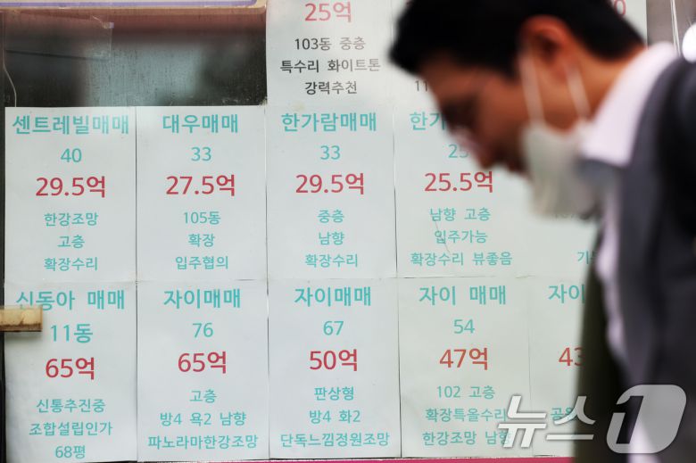 부동산 대출규제 강화 첫날인 지난 16일 서울 시내의 한 공인중개사 사무소에 매물 전단이 붙어있다. 2025.10.16/뉴스1 ⓒ News1 황기선 기자