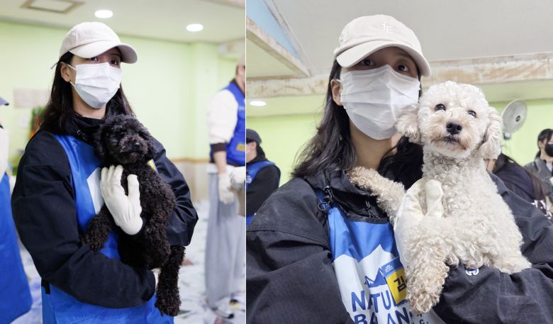 입양 홍보를 위해 보호견들을 안고 사진을 찍고 있는 배우 김소현 ⓒ 뉴스1