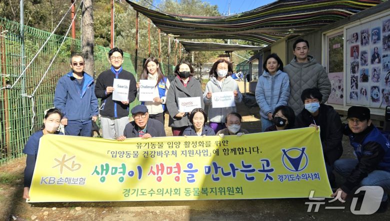 경기도수의사회 소속 회원 및 관계자들이 지난 2일 경기 용인 코리안독스 쉼터에 방문해 봉사활동 후 단체 사진을 찍고 있다. ⓒ 뉴스1 한송아 기자