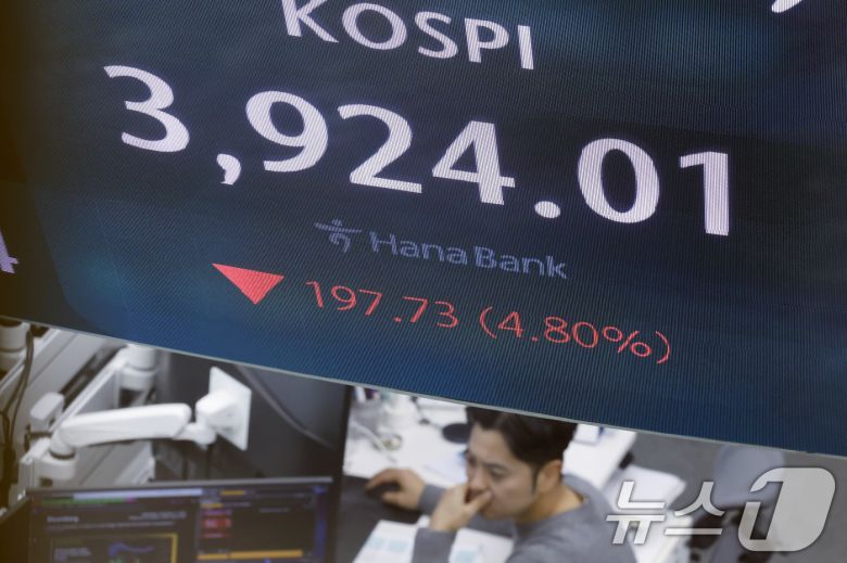 5일 오전 서울 중구 하나은행 딜링룸에 코스피 시황이 표시되고 있다. 이날 코스피는 66.27p 하락하며 출발해 장중 4000선이 붕괴됐다. 2025.11.5/뉴스1 ⓒ News1 박정호 기자