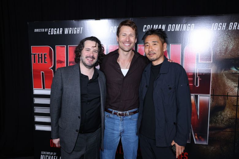 '더 러닝 맨' 에드가 라이트 감독, 글렌 파월, 정정훈 촬영감독(왼쪽부터, 롯데엔터테인먼트 제공)