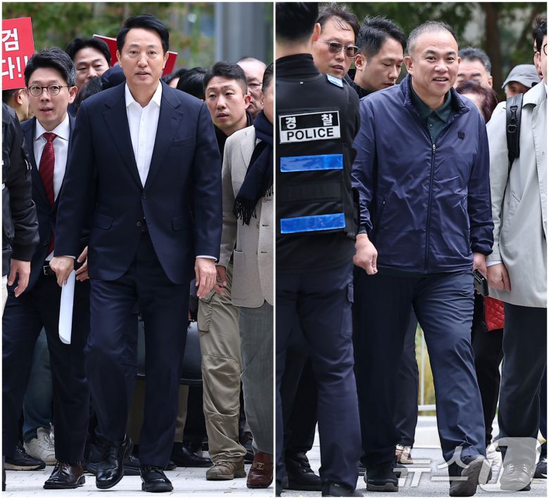 오세훈 서울시장(왼쪽)과 '정치 브로커' 명태균 씨가 8일 서울 종로구 KT광화문빌딩에 마련된 김건희 특검(특별검사 민중기) 사무실에 조사를 받기 위해 출석하고 있다. 2025.11.8/뉴스1 ⓒ News1 김성진 기자