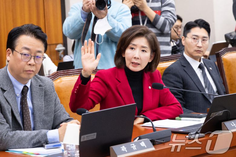 나경원 국민의힘 의원이 지난 11일 서울 여의도 국회에서 열린 제429회국회(정기회) 법제사법위원회 제13차 전체회의에서 발언권을 신청하고 있다. 2025.11.11/뉴스1 ⓒ News1 이승배 기자