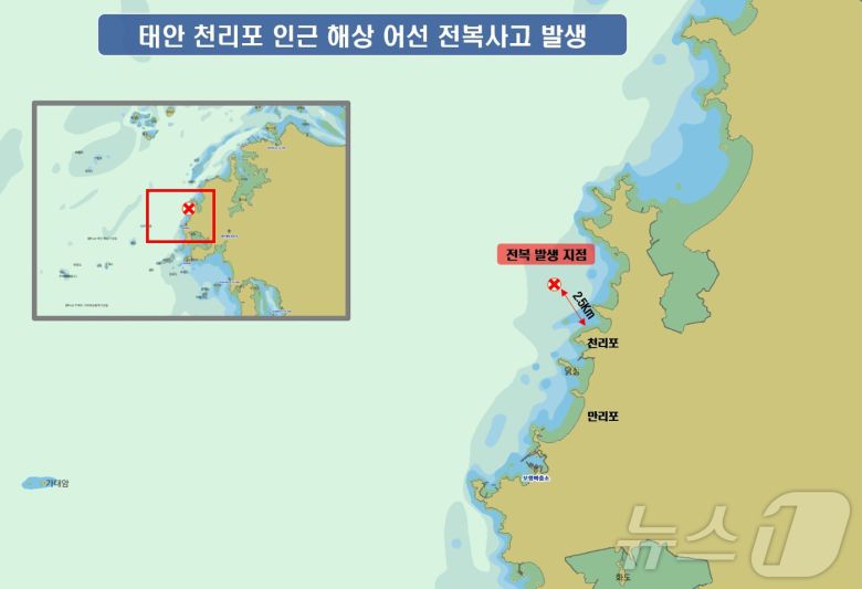 4일 오후 오후 6시 20분께 충남 태안 천리포 북서방 약 2.5km 해상에서 전복된 어선 사고 현장 그래픽. (태안해경 제공. 재판매 및 DB금지)/뉴스1