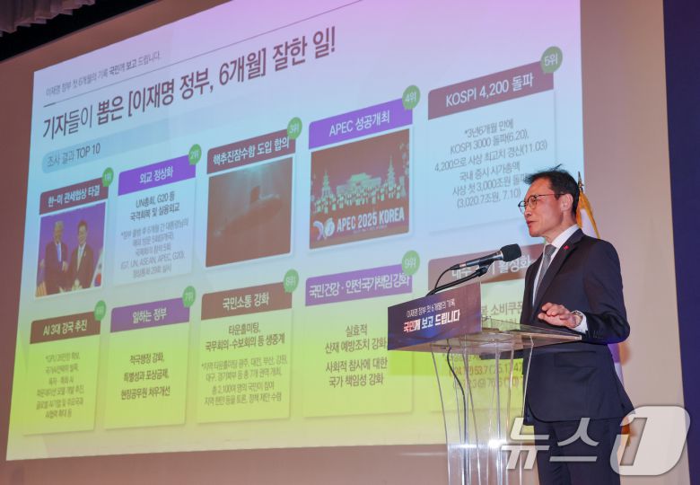 이규연 홍보소통수석이 7일 서울 용산 대통령실 청사에서 열린 '이재명 정부 출범 6개월 성과 간담회'에서 발언하고 있다. 2025.12.7/뉴스1 ⓒ News1 허경 기자