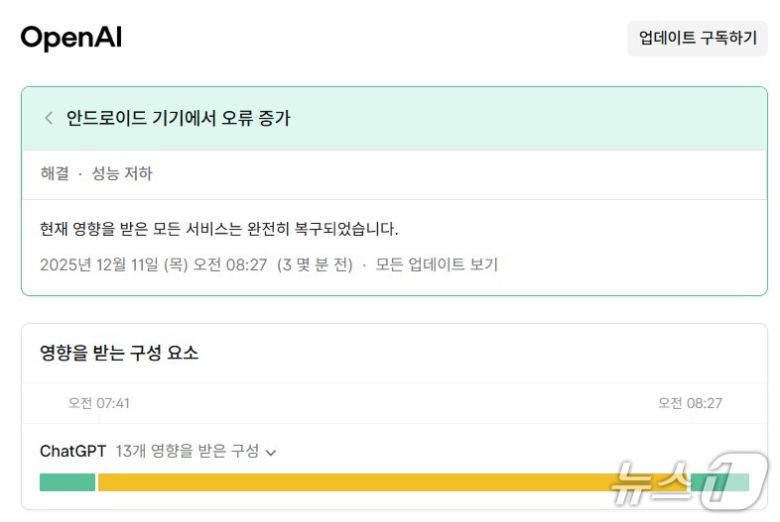 오픈AI 안드로이드 기기 챗GPT 오류 발생(오픈AI 시스템 상태페이지 갈무리)
