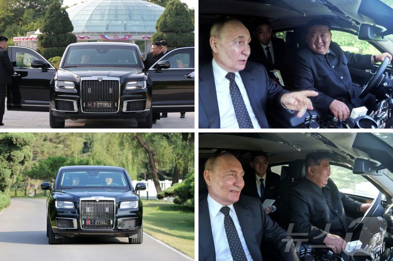 (평양 노동신문=뉴스1) = 지난해 6월 푸틴 러시아 대통령이 김 총비서와 평양에서 만나 자신이 선물한 '아우루스' 차량에 동승한 모습. 당시 차량 번호는 '7·27 1953'이었다. [국내에서만 사용가능. 재배포 금지. DB 금지. For Use Only in the Republic of Korea. Redistribution Prohibited] rodongphoto@news1.kr