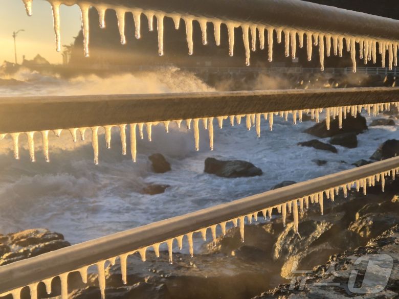 강원 대부분 지역에 한파특보가 발효된 26일 동해안 대표 해안도로인 강릉시 강동면 심곡~금진 구간 헌화로 난간에 고드름이 매달려 있다. 2025.12.26/뉴스1 ⓒ News1 윤왕근 기자