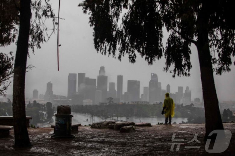 24일(현지시간) 캘리포니아주 로스앤젤레스의 엘리시안 공원에서 한 남성이 우비를 입고 비를 구경하고 있다. 2025.12.24. ⓒ AFP=뉴스1 ⓒ News1 이정환 기자