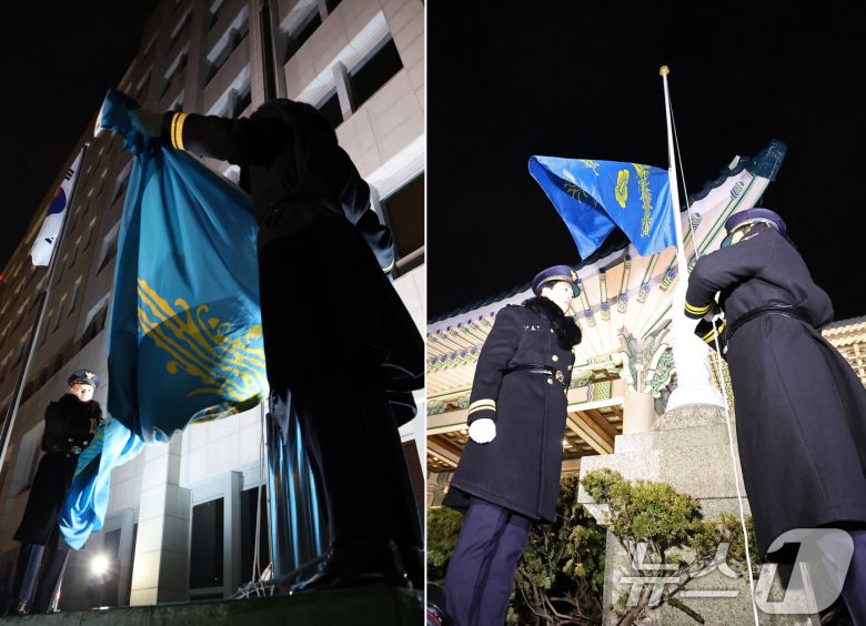 청와대 시대가 29일부터 다시 열렸다. 지난 2022년 5월 윤석열 정부가 대통령 집무실을 용산으로 옮긴 지 약 3년 7개월 만이다. 사진은 이날 자정 서울 용산 대통령실 청사에서 봉황기가 하기하는 모습(사진 왼쪽)과 청와대 본관 앞에 봉황기가 다시 게양된 모습. (청와대통신사진기자단) 2025.12.29/뉴스1 ⓒ News1 허경 기자