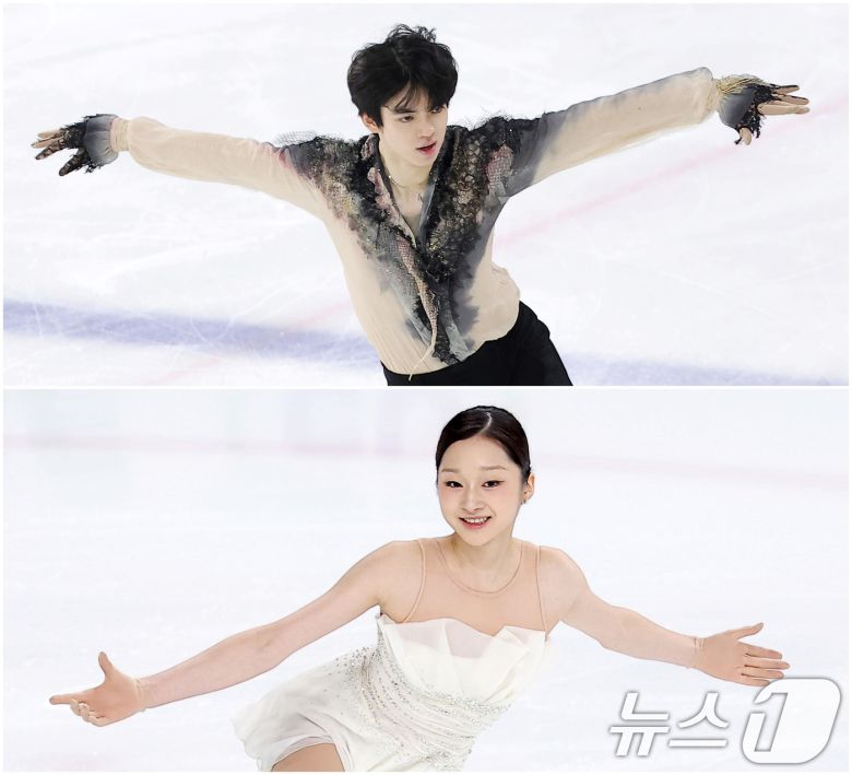 피겨스케이팅 선수 차준환(위)과 신지아가 4일 서울 양천구 목동 아이스링크에서 열린 제80회 전국남녀 피겨스케이팅 종합선수권대회 프리 스케이팅에서 연기를 펼치고 있다. ⓒ News1 김성진 기자