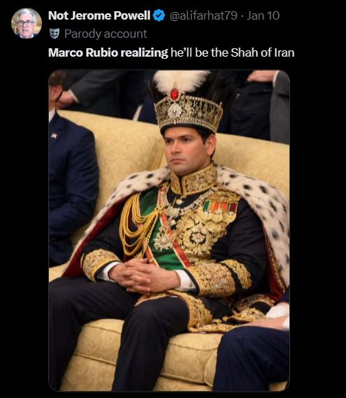 소셜미디어 엑스(X)에 확산된 루비오 밈 중 하나로, 이란 정권 종식 후 왕(샤)에 오를 것이란 풍자다. (소셜미디어 엑스 @alifarhat79)