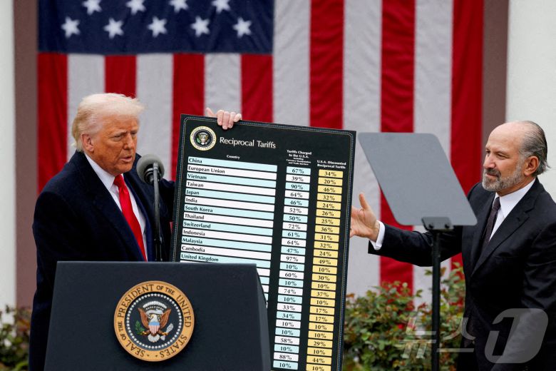 도널드 트럼프 미국 대통령이 지난해 4월 2일 미국 워싱턴DC 백악관 로즈가든에서 하워드 러트닉 상무장관의 도움을 받아 국가별 상호관세율을 표시한 차트를 들어보이고 있다. ⓒ 로이터=뉴스1 ⓒ News1 류정민 특파원