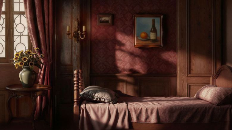 홍애린, <브랫(Brat)>, 2026,75인치모니터, 3D애니메이션(반복재생),프린세스메이커2배경세트디자인,화병,사진:작가제공