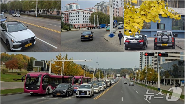 2025년 평양시에서 흔히 볼 수 있게 된 자가용들. 노란색 번호판을 단 승용차가 자가용이다.(평화경제연구소 제공)