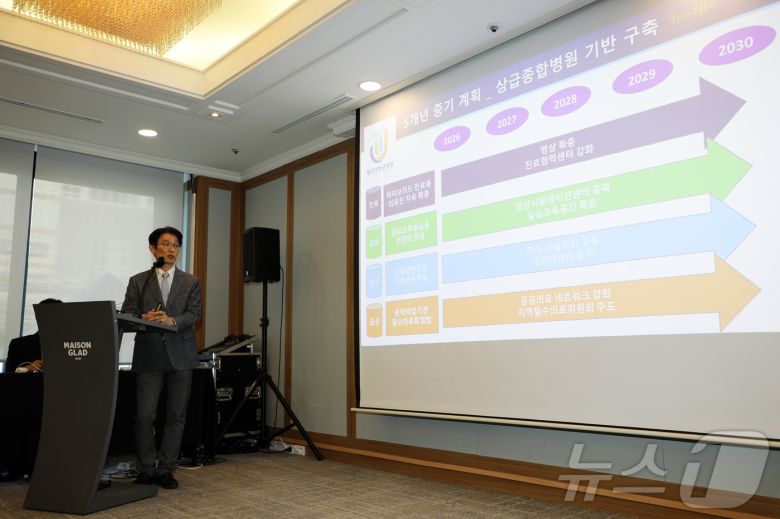 김우정 제주대학교병원 진료부원장이 14일 오전 제주시 메종글래드제주에서 열린 제주대병원 신년 기자간담회에서 '상급종합병원 기반 구축 5개년 중기 계획'을 발표하고 있다. 2026.1.14/뉴스1 ⓒ News1 오미란 기자