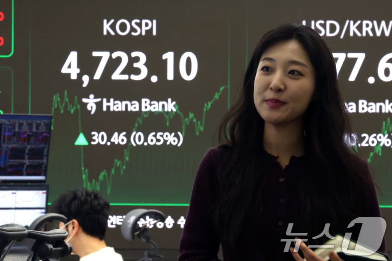 코스피 지수가 사상 처음으로 4700선을 돌파한 14일 오후 서울 중구 하나은행 본점 딜링룸 현황판에 전 거래일 대비 30.46포인트(0.65%)상승한 4,723.10을 나타내고 있다. 2026.1.14/뉴스1 ⓒ News1 이광호 기자