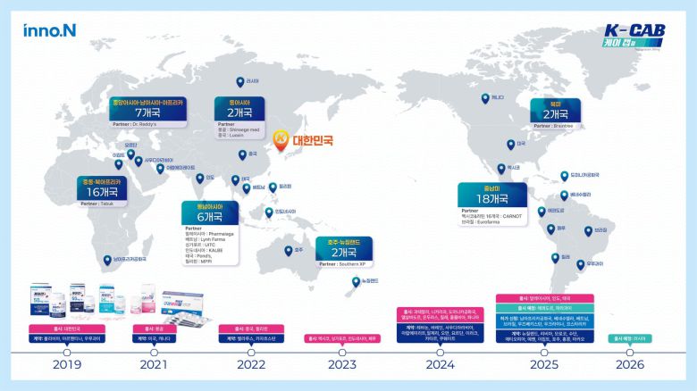 P-CAB 계열 위식도역류질환 '케이캡' 진출 현황.(HK이노엔 제공)/뉴스1