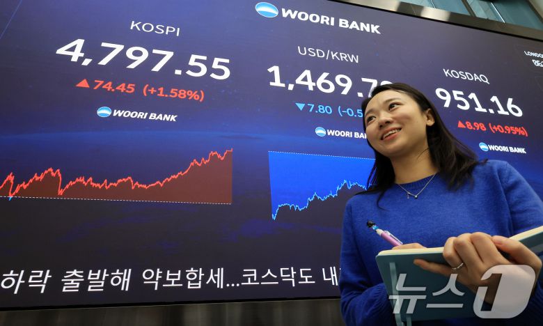 코스피가 연일 사상 최고치를 경신한 15일 서울 중구 우리은행 본점 딜링룸 현황판에 종가가 표시되고 있다. 2026.1.15/뉴스1 ⓒ News1 이호윤 기자