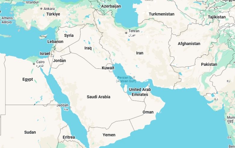 구글 맵의 중동 지도. 2026.01.16