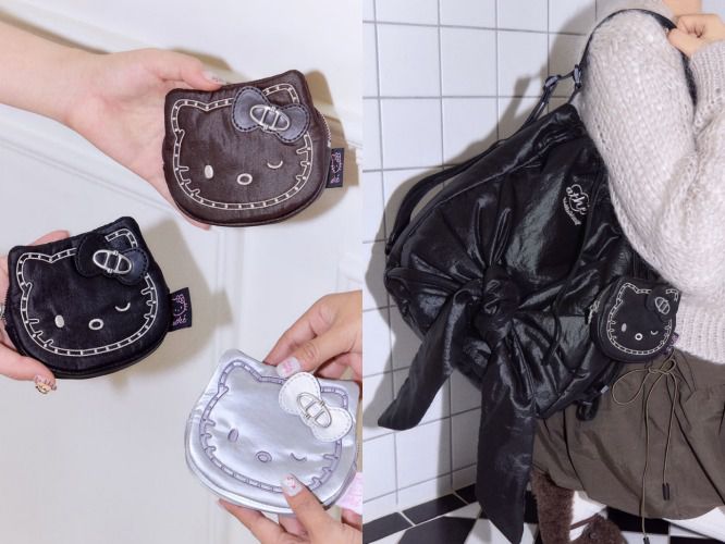 LF 아떼 바네사브루노 헬로키티 협업 컬렉션. 스터드 블랙 스트랩 미니파우치(왼쪽)와 르봉 글로시 백(LF 제공)