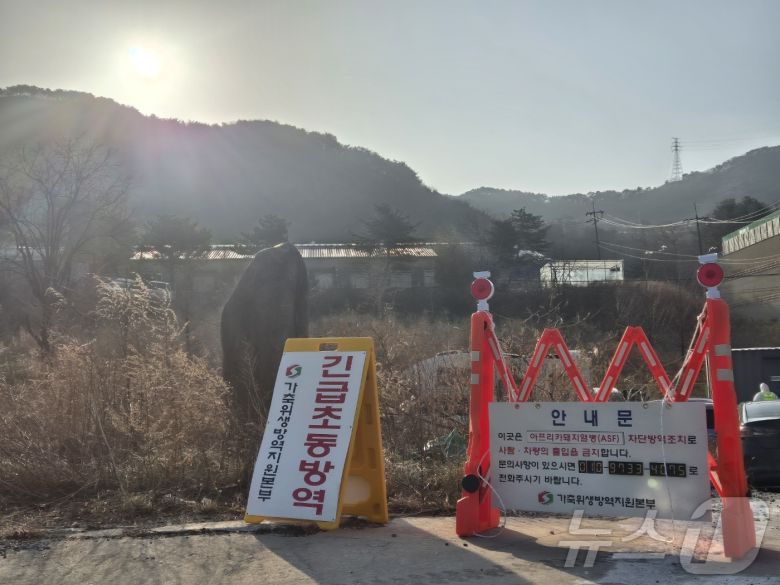 17일 오전 강원 강릉시 강동면의 한 양돈농가 앞에 아프리카돼지열병(ASF) 발생에 따른 출입 통제 안내문이 설치돼 있다. 방역 당국은 농가 주변을 통제하고 소독을 실시하고 있다. 2026.1.17/뉴스1 ⓒ News1 윤왕근 기자