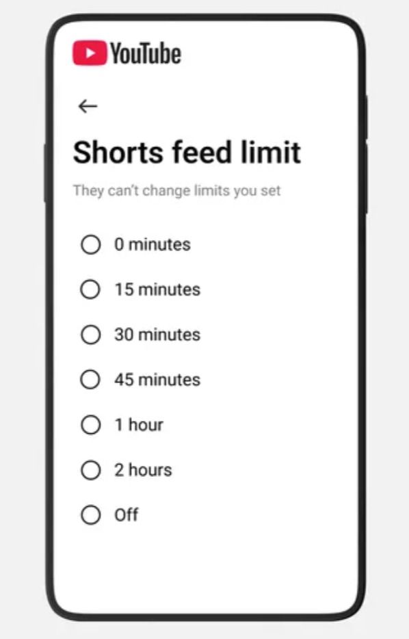 유튜브의 아동과 청소년을 위한 보호 기능. '제로'부터 15분 단위로 부모가 자녀의 쇼츠 시청 시간을 설정할 수 있다. (유튜브 공지사항 갈무리)