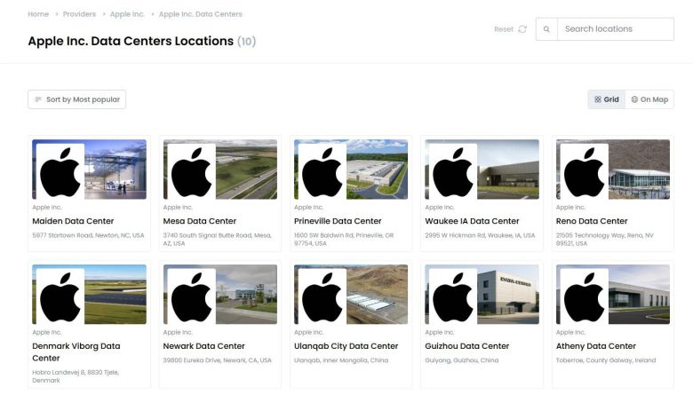 애플의 국제 데이터센터 설치 현황. 미국·중국·덴마크·아일랜드가 포함됐지만 한국은 확인할 수 없다. (데이터센터즈닷컴(Datacenters.Com) 갈무리)