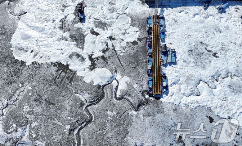 전국 곳곳에 한파특보가 발효돼 맹추위가 이어진 21일 인천 강화도 분오항 일대가 얼어붙어 있다.  2026.1.21/뉴스1 ⓒ News1 박정호 기자