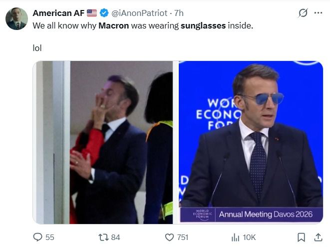 '마크롱 대통령이 실내에서 선글라스를 낀 이유를 우리는 모두 알고 있다'는 내용으로 소셜미디어에 올라온 게시글 (출처=소셜미디어 엑스(X))