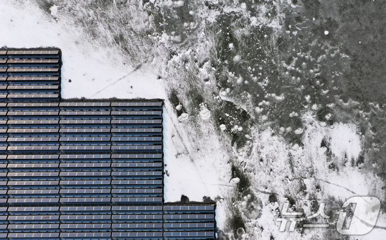 연일 북극 한파가 지속되고 있는 23일 경기 화성시 멱우지에 설치된 수상태양광발전소 주변이 얼어 있다. 2026.1.23/뉴스1 ⓒ News1 김영운 기자