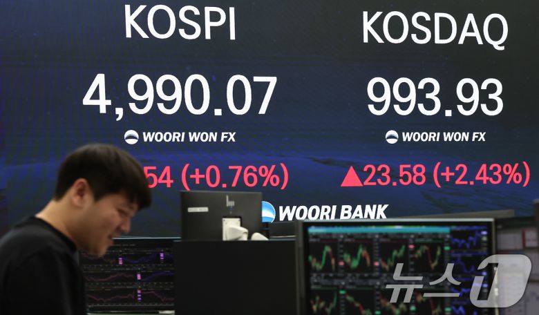 23일 서울 중구 우리은행 본점 딜링룸 전광판에 종가가 표시되고 있다. 이날 코스피는 전 거래일 대비 37.54.포인트(0.76%) 오른 4990.07, 코스닥은 전 거래일 대비 23.58포인트(2.43%)상승한 993.93로 장을 마쳤다. 2026.1.23/뉴스1 ⓒ News1 김도우 기자