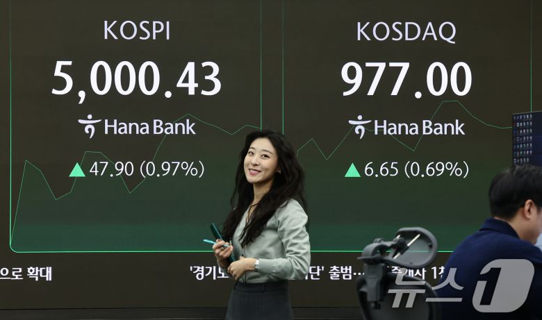 23일 서울 중구 하나은행 딜링룸 전광판에 코스피 시황이 표시되고 있다. 이날 코스피는 전 거래일 대비 31.55p(0.64%) 오른 4952.53, 코스닥은에 6.80p(0.70%) 상승한 977.15에 거래를 시작했다. 2026.1.23/뉴스1 ⓒ News1 김도우 기자