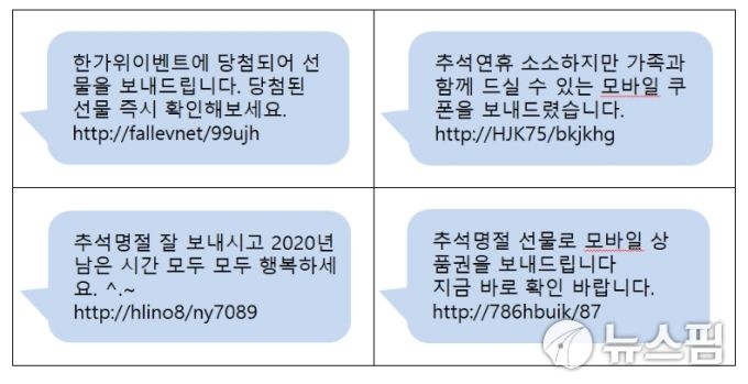 [서울=뉴스핌] 나은경 기자 = 스미싱 문자 예시 [자료=방통위] 2020.09.21 nanana@newspim.com