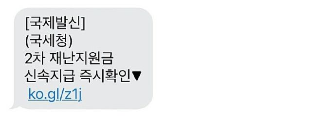 [서울=뉴스핌] 이서영 기자 = 2차 재난지원금 지급을 빙자한 스미싱 사기 문자. [사진=안랩] 2020.09.24 jellyfish@newspim.com