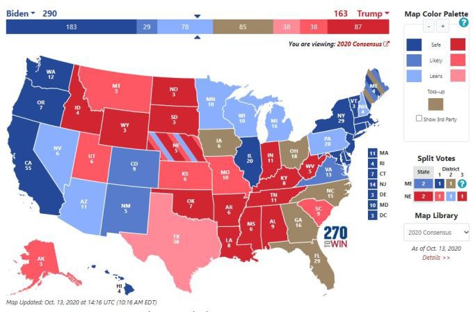 바이든 290 대 트럼프 163...2020 미국 대선 예상 지도 [자료=Road to 270] 2020.10.13 herra79@newspim.com