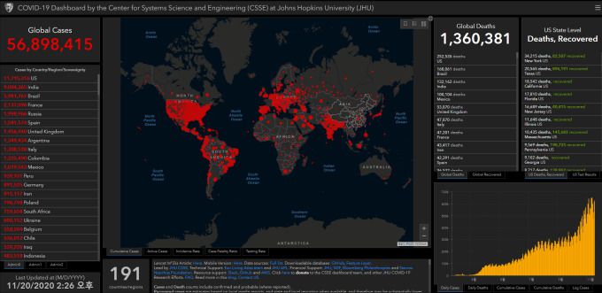 미국 존스홉킨스대학의 시스템사이언스·엔지니어링센터(CSSE) 코로나19 상황판