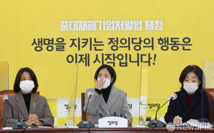 [서울=뉴스핌] 최상수 기자 = 장혜영 정의당 원내수석부대표가 19일 오전 국회에서 의원총회를 진행하고 있다. 왼쪽부터 이은주 의원, 장 원내수석부대표, 심상정 의원. 2021.01.19 kilroy023@newspim.com