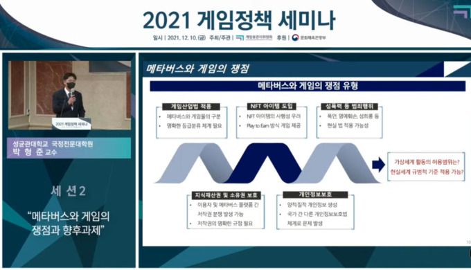 [서울=뉴스핌] 진현우 인턴기자 = 10일 열린 '2021 게임정책 세미나'에서 박형준 성균관대 교수가 '메타버스와 게임의 쟁점과 향후 과제'를 주제로 발제를 진행했다 2021.12.10 hwjin@newspim.com