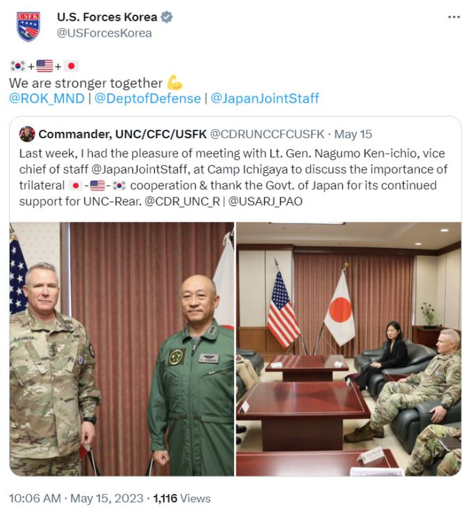 주한미군사령부와 폴 러캐머라 주한미군사령관이 15일 "지난 주 나구모 켄이치로 일본 통합막료부장을 만나 한미일 3국 협력의 중요성을 논의했다"면서 트위터에 글을 올렸다. [사진=주한미군 트위터]