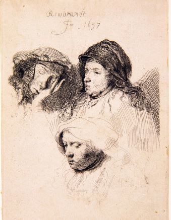 [서울 뉴스핌]이영란 기자=렘브란트 판 레인 '잠든 여자 한명과 두 명의 여자'. 1637. 에칭. 렘브란트는 아내이자 작업의 뮤즈인 사스키아를 즐겨 그렸다. [이미지제공=대구미술관]  2023.10.30 art29@newspim.com